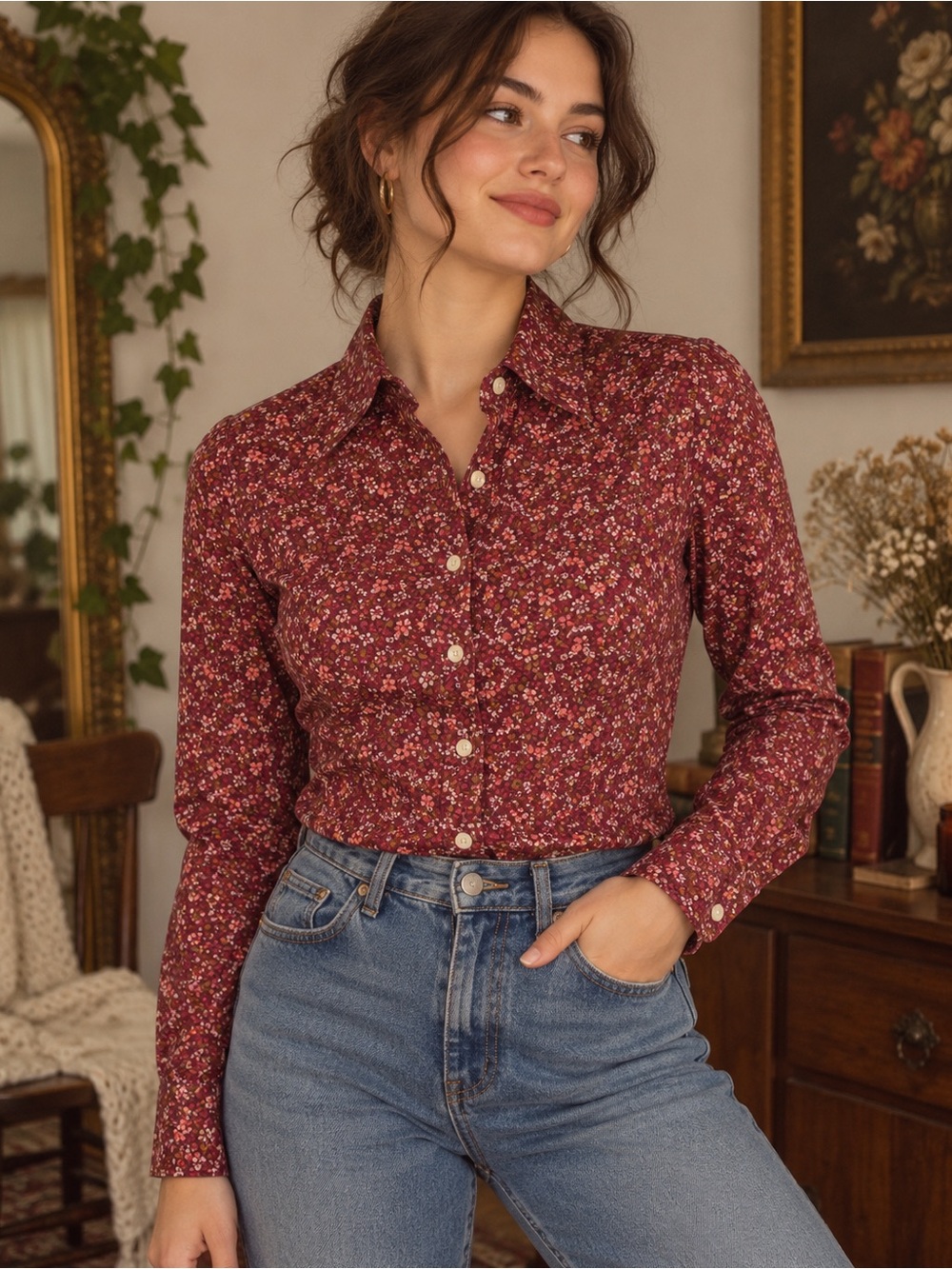 Vintage 90s Eddie Bauer Floral Blouse Small Romantic Cottagecore Burgundy